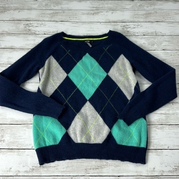 APT 9 100% CASHMERE SWEATER SZ M blue/green/gray argyle - Picture 1 of 6